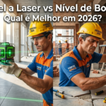 Um pedreiro brasileiro forte e profissional, com capacete amarelo e camisa de obra, está em uma obra de construção moderna
