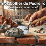 uma mão forte e calejada de pedreiro segurando firmemente uma colher de pedreiro Tramontina 8 polegadas nova e brilhante, com lâmina de aço carbono bem polida e cabo de madeira claro