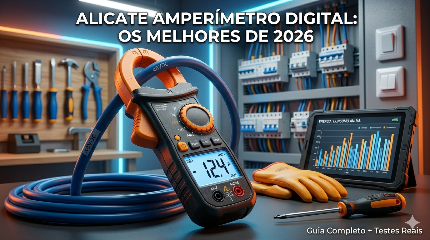 No centro da imagem, mostre um alicate amperímetro digital moderno e robusto (estilo clamp meter), com design preto e laranja vibrante, mandíbulas abertas